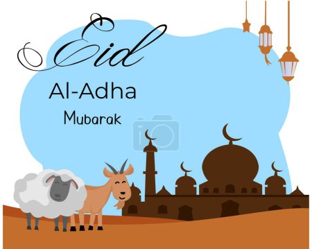 feliz celebración eid al adha con ilustraciones de mezquita y cabras de sacrificio