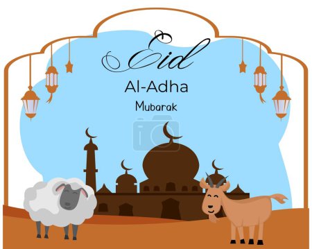 eid al adha mubarak islamic background with illustration of mosque and animal goat and sheep sacrificial