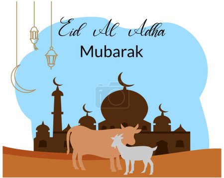 glücklich eid al adha Hintergrund mit Illustration der Moschee und Tieropfer Ziege und Kuh