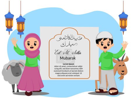 glücklich eid al adha Grußkarte mit Abbildungen von muslimischen Kindern und opfern Ziegen und Schafe
