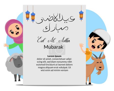 eid al adha greeting card with with illustrations of Muslims kids and sacrifice goats
