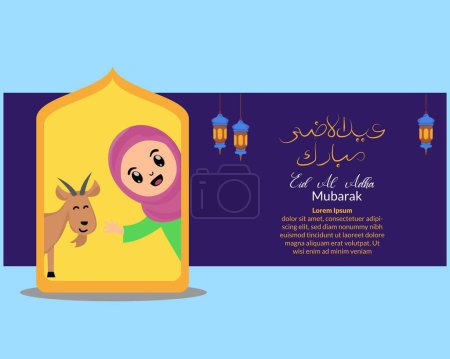eid al adha background with illustration of cute little girl muslim and sacrificial goat