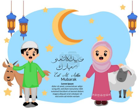 eid al adha greeting background with illustration of cute kid muslim hold goat and sheep sacrificial