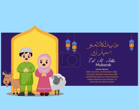 glücklich eid al adha Grußkarte mit Illustrationen von niedlichen muslimischen Kindern und tierischen Ziegen und Schafen