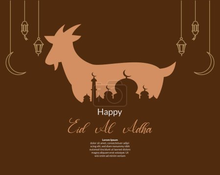 happy eid al adha background with illustration of mosque and goat sacrificial and lantern ornament