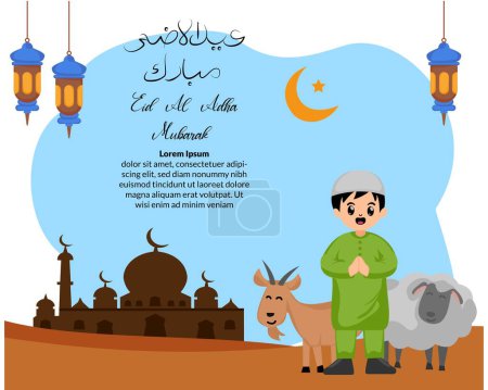 cute muslim boy greting happy eid al adha background with illustration of goat and sheep sacrificial