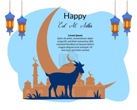 happy eid al adha background with goat sacrified and mosque illustration