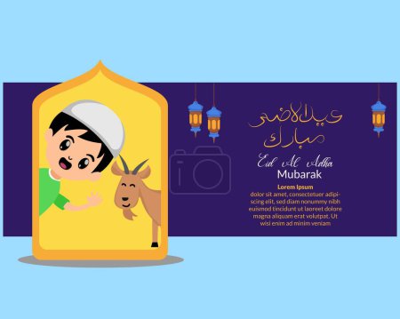 eid al adha kareem Hintergrund mit Illustration eines muslimischen Kindes und einer Opferziege