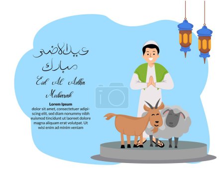 muslimischer Mann grüßt glücklich eid al adha mit Illustration des Ziegen- und Schafopfers