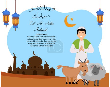 background muslim man greeting happy eid al adha celebration with illustration of goat and sheep sacrificial