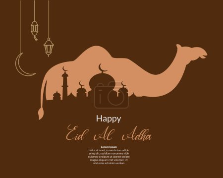 happy eid al adha greeting background with illustration of islamic camel and lantern