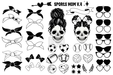 Sports Mom Skeleton Messy Bun bundle, Skeleton Messy bun Set Diseño del día de la madre para camiseta, Skeleton Messy Bun Element. Deportes Mamá V.4 