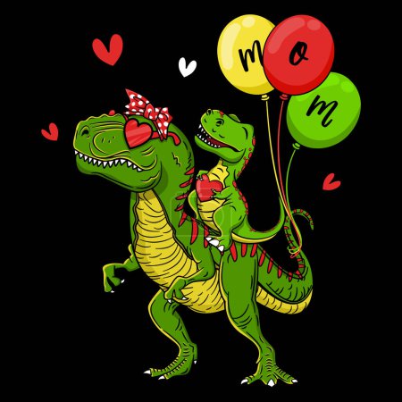 Mom Saurus, Mommy T-Rex y Baby Dinosaurus con globos Diseño de camisetas para el Día de la Madre EPS. Archivo vector ilustración carácter diseño Doodle Divertido estilo de dibujos animados 