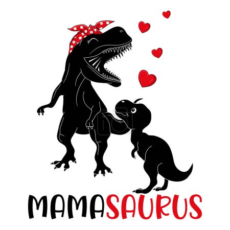 MamaSaurus, Skelett T-Rex Mommy und Baby Dinosaurus Silhouette mit Herz Design für Muttertag, Valentinstag EPS. Dateivektorillustration Doodle Lustiger Cartoon-Stil 
