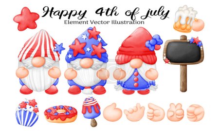 4 de julio USA. America Gnome cake ice cream donut beer cheer hand Watercolor Vector File ,Clipart cartoon vintage-Retro style for Independence day banner, poster, card, t shirt, sticker
