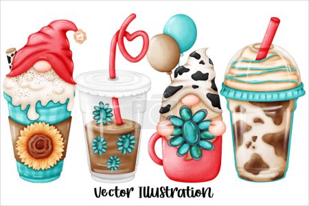 Illustration for Gnome Western Coffee mug Turquoise gemstone Sunflower and Cow skin Element Watercolor Vector File ,Clipart cartoon vintage-Retro style For banner, poster, card, t shirt, sticker - Royalty Free Image
