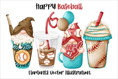 Téléchargez les illustrations : Set Gnome Baseball tasse de café cheer élément aquarelle vectorielle fichier, Clipart dessin animé style vintage-rétro Pour bannière, affiche, carte, t-shirt, autocollant - en licence libre de droit
