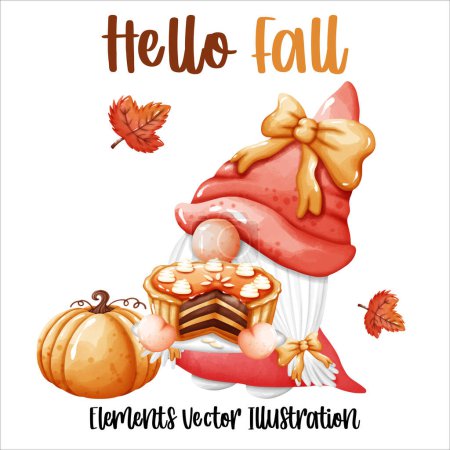 Illustration for Set Gnome Hello Fall Autumn Pie Pumpkin and autumn leaves Elements Watercolor Vector File ,Clipart Cute cartoon style For banner, poster, card, t shirt, sticker - Royalty Free Image