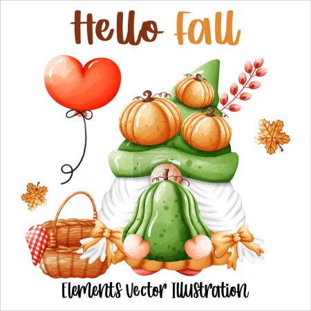 Illustration for Set Gnome Hello Fall Autumn Pumpkin and autumn leaves Elements Watercolor Vector File ,Clipart Cute cartoon style For banner, poster, card, t shirt, sticker - Royalty Free Image