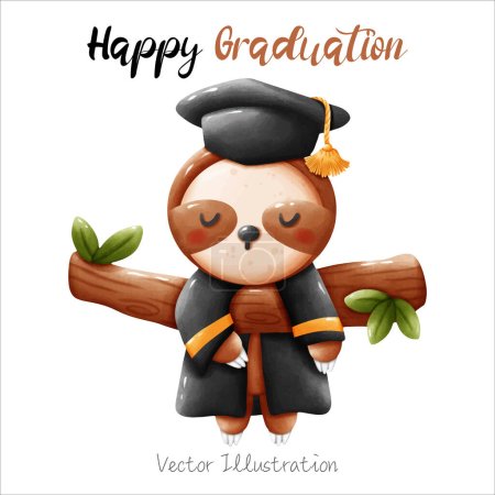 Téléchargez les illustrations : Funny Sloth Graduation Mignon fichier vectoriel aquarelle, Clipart style dessin animé pour bannière, affiche, carte, t-shirt, autocollant - en licence libre de droit