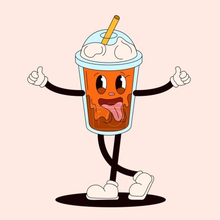 Ilustración de Groovy personaje de café muestra los pulgares hacia arriba. Mascota vintage en estilo doodle. Ilustración vectorial aislada sobre fondo melocotón. - Imagen libre de derechos