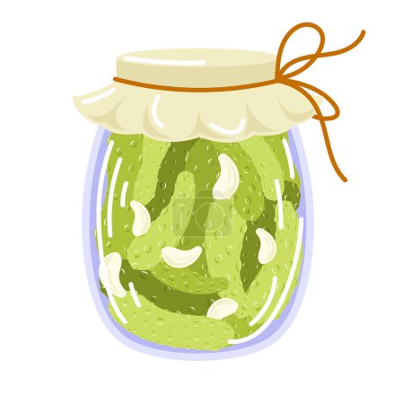 Illustration for Homemade pickled cucumber with garlic in jar in flat style. Marinated food for menu, food store. Fermented veggies, crunch gherkin with salt. Vector illustration isolated on white background. - Royalty Free Image