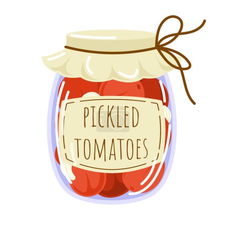 Illustration for Homemade pickled tomatoes in glass jar. Flat style illustration of marinated vegetables for packaging, label, menu, food store. Vector illustration isolated on white background. - Royalty Free Image