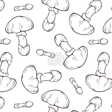Seamless pattern with Caesars mushrooms in line art style. Design for wrapping paper, wallpaper, textiles. Vector illustration on white background.
