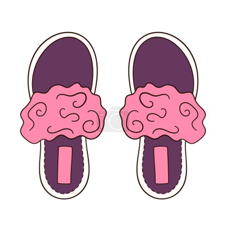 Zapatillas de casa en estilo de dibujos animados. Mujer, calzado femenino en color rosa. Icono dibujado a mano para el concepto móvil y el diseño web, tienda de zapatos. Ilustración vectorial aislada sobre fondo blanco.