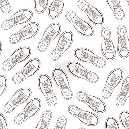 Line art shoes sneakers seamless pattern. Print with colorful male and female footwear. Vector illustration on white background.