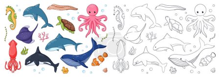 Animaux sous-marins fixés pour le livre de coloriage dans le style dessin animé et ligne d'art. Baleine bleue, poisson clown, dauphin, épaulard, murène, poulpe, cheval de mer, calmar, raie, tortue. Illustration vectorielle
