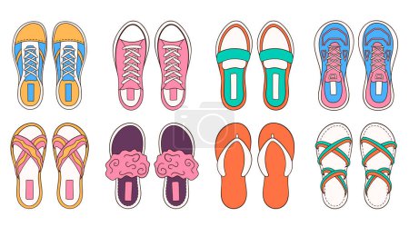 Colección de zapatos femeninos en estilo de dibujos animados. Set de zapatos elegantes, zapatillas y botas. Paquete de calzado casual de mujer. Ilustración vectorial aislada sobre fondo blanco.