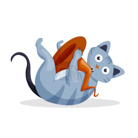 Halloween chat grignote chapeau. Le chat est allongé sur le dos avec un chapeau dans les pattes. Illustration vectorielle de dessin animé sur fond blanc.