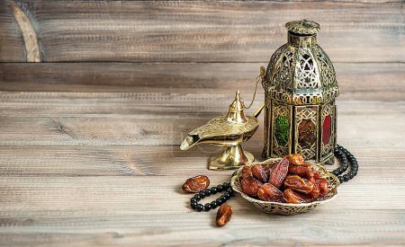 Photo for Ramadan and Eid al fitr concept 2023 backgrounds dates with Turkish traditional lantern Light Lamp and Tasbeeh, light blue colour Iftar theme image, Ramadan Kareem Mubarak 3d background - Royalty Free Image