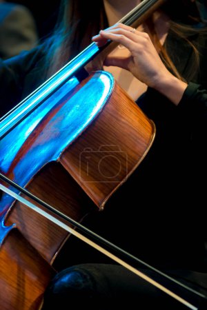 Foto de Vista lateral cercana de una mano femenina tocando un violonchelo marrón durante un concierto. - Imagen libre de derechos