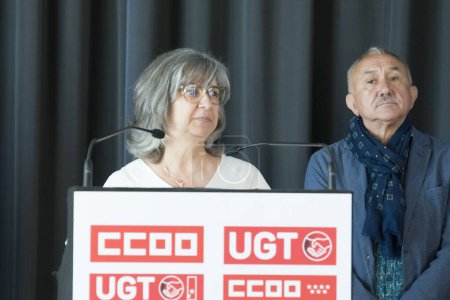 Photo for General Secretary CCOO Madrid,  Paloma Lopez, and UGT General Secretary, Pepe Alvarez, during the press conference. People attended the 1st May Labour Day demonstration organised by the CCOO and UGT in the centre of Madrid and other major cities in S - Royalty Free Image