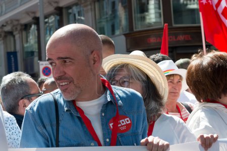 Photo for CCOO General Secretary, Unai Sordo. People attended the 1st May Labour Day demonstration organised by the CCOO and UGT in the centre of Madrid and other major cities in Spain. The union leaders said that there are two ways to solve plight of workers - Royalty Free Image