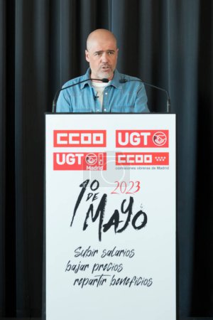 Photo for CCOO Secretary General, Unai Sordo. People attended the 1st May Labour Day demonstration organised by the CCOO and UGT in the centre of Madrid and other major cities in Spain. The union leaders said that there are two ways to solve plight of workers - Royalty Free Image