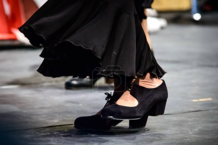 Foto de Vista de zapatos de flamenca femeninos durante el musical del Árbol Flamenco fue realizada en la Casa Encendida, por los estudiantes de La Escuela de Arte de la Fundación Alala de Sevilla. El Árbol Flamenco (El rbol del flamenco). - Imagen libre de derechos