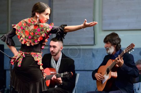 Foto de Vista de bailarines y músicos durante el musical Árbol Flamenco fue realizada en la Casa Encendida, por los alumnos de la Escuela de Arte de la Fundación Alala de Sevilla. El Árbol Flamenco (El rbol del flamenco) . - Imagen libre de derechos