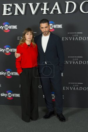 Photo for Marta Etura and Miguel Angel Silvestre  posing at the photocall of the SkyShowtime original series, Los Enviados, during the media event at the Hotel Urso, Madrid Spain January 24th 2024 - Royalty Free Image