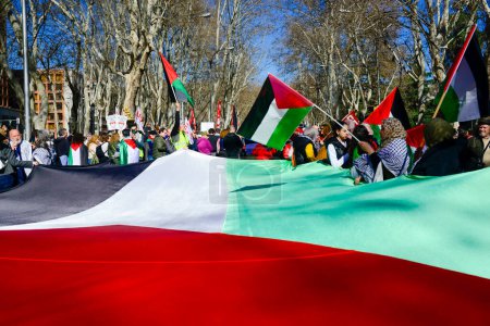 Téléchargez les photos : Sponsors et militants lors de la manifestation en faveur des Palestiniens et d'une Palestine libre dans le centre de Madrid Espagne. Madrid Espagne 17 février 2024 - en image libre de droit