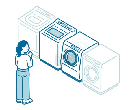 Téléchargez les illustrations : Une femme qui hésite à acheter une machine à laver - en licence libre de droit