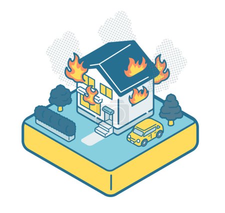 Téléchargez les illustrations : Illustration isométrique d'une maison où un incendie a éclaté - en licence libre de droit