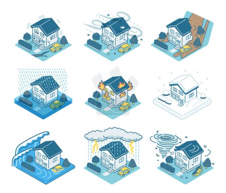 Isometric illustration of a residential disaster
