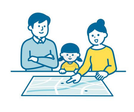 Téléchargez les illustrations : Le parent et l'enfant vérifient la carte des dangers - en licence libre de droit