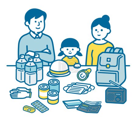 Ilustración de Padres e hijos revisando suministros de prevención de desastres - Imagen libre de derechos