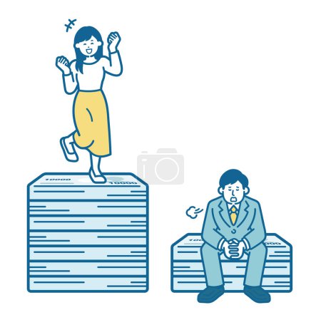 Ilustración de Un hombre que cae en bajos ingresos y una mujer que está satisfecha con los altos ingresos - Imagen libre de derechos