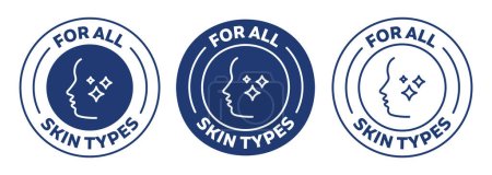 para todos los tipos de piel icono conjunto. adecuado para productos para el cuidado de la piel. insignia de color azul, sello, pegatina, logotipo y variantes de símbolo. Ilustración vectorial aislada