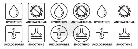 Illustration for Skin Hydration, unclog pores, anti-bacterial, and skin smoothing icon collection. suitable for facial cleanser products. - Royalty Free Image